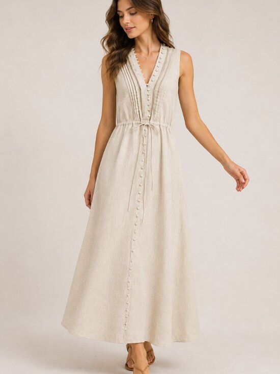 Chicwish Dresses & Skirts - Chicwish Women's Linen Blend Midi Dress S Beige Cottagecore Embroidered